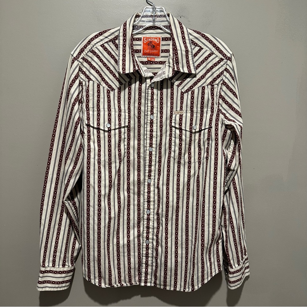 Sendero Men's Maroon and White Striped Button-Down Shirt